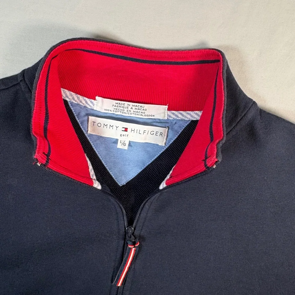 Tommy Hilfiger Golf Men Large Navy Blue Quarter Zip Flamingo Pullover Sweatshirt